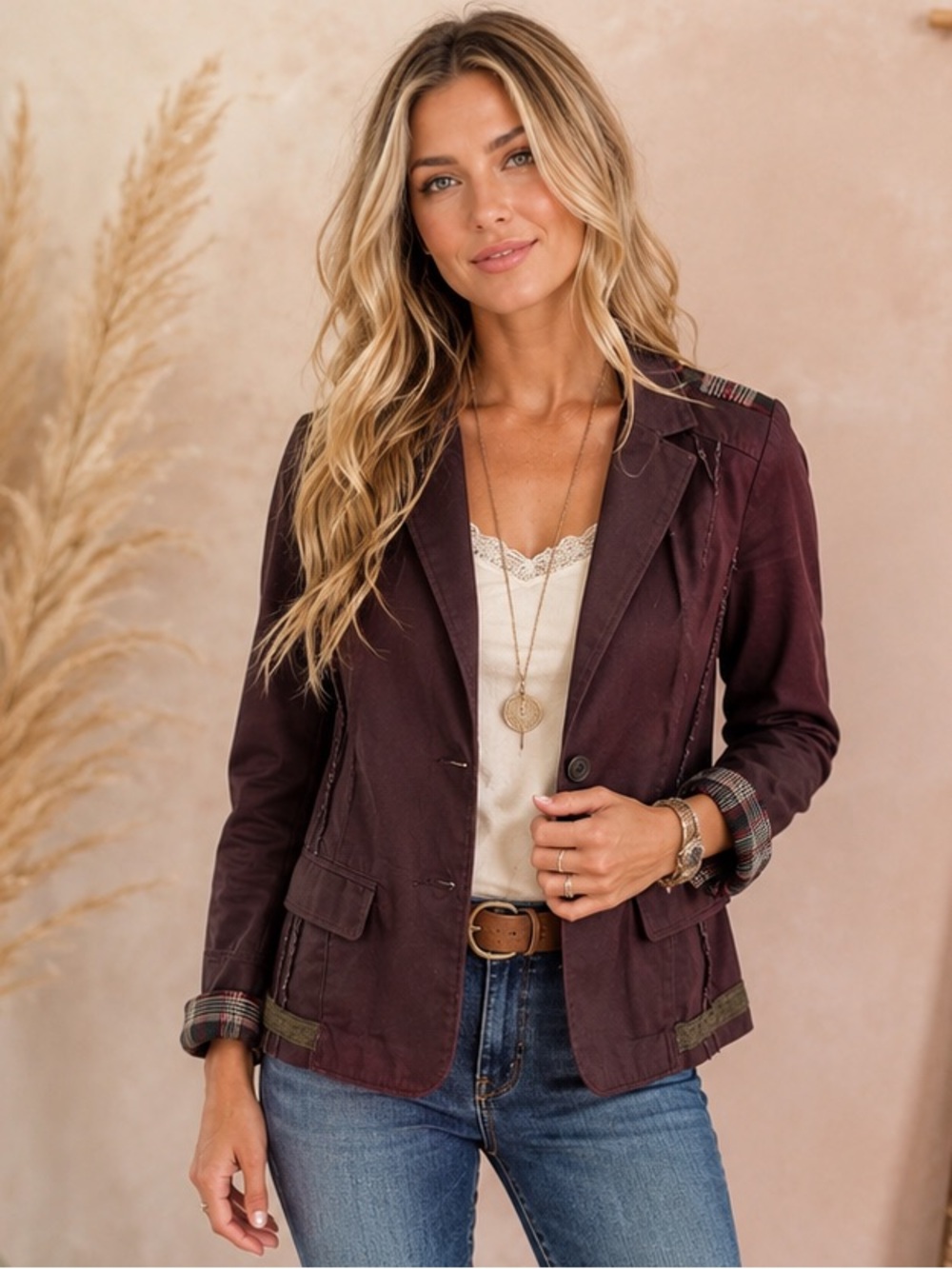 Mystree Brown Single-Button Blazer with Plaid Trim
